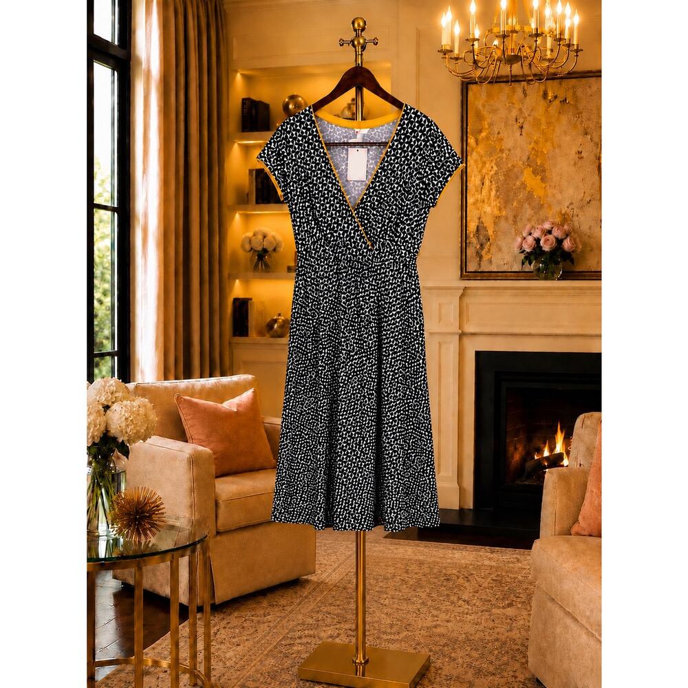 Boden Casual Jersey Day Dress J0118 Navy White Faux Wrap Yellow Trim NWT 8R